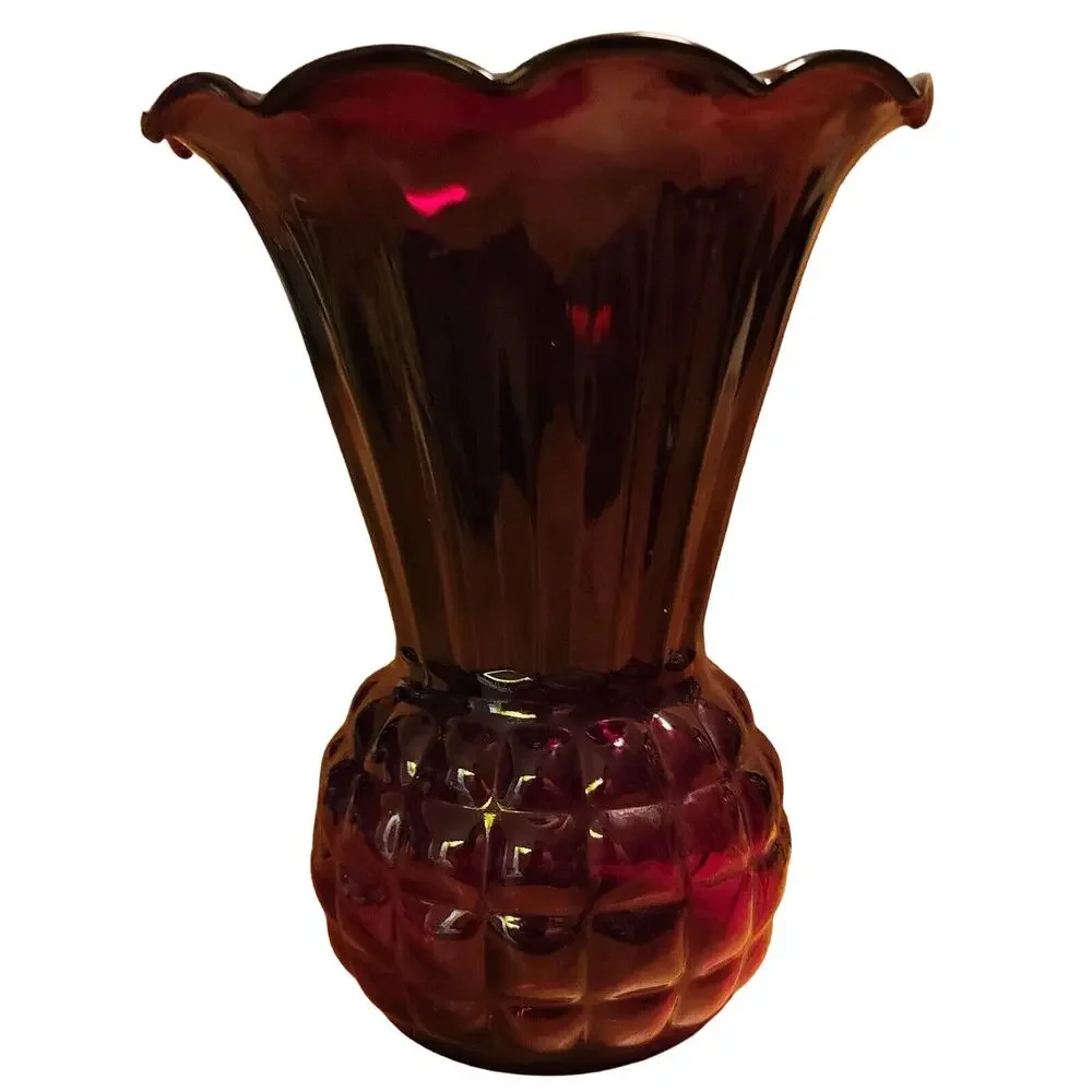 Anchor Hocking ROYAL RUBY Red Thistle Panel Bubble Pineapple Glass Vase 9